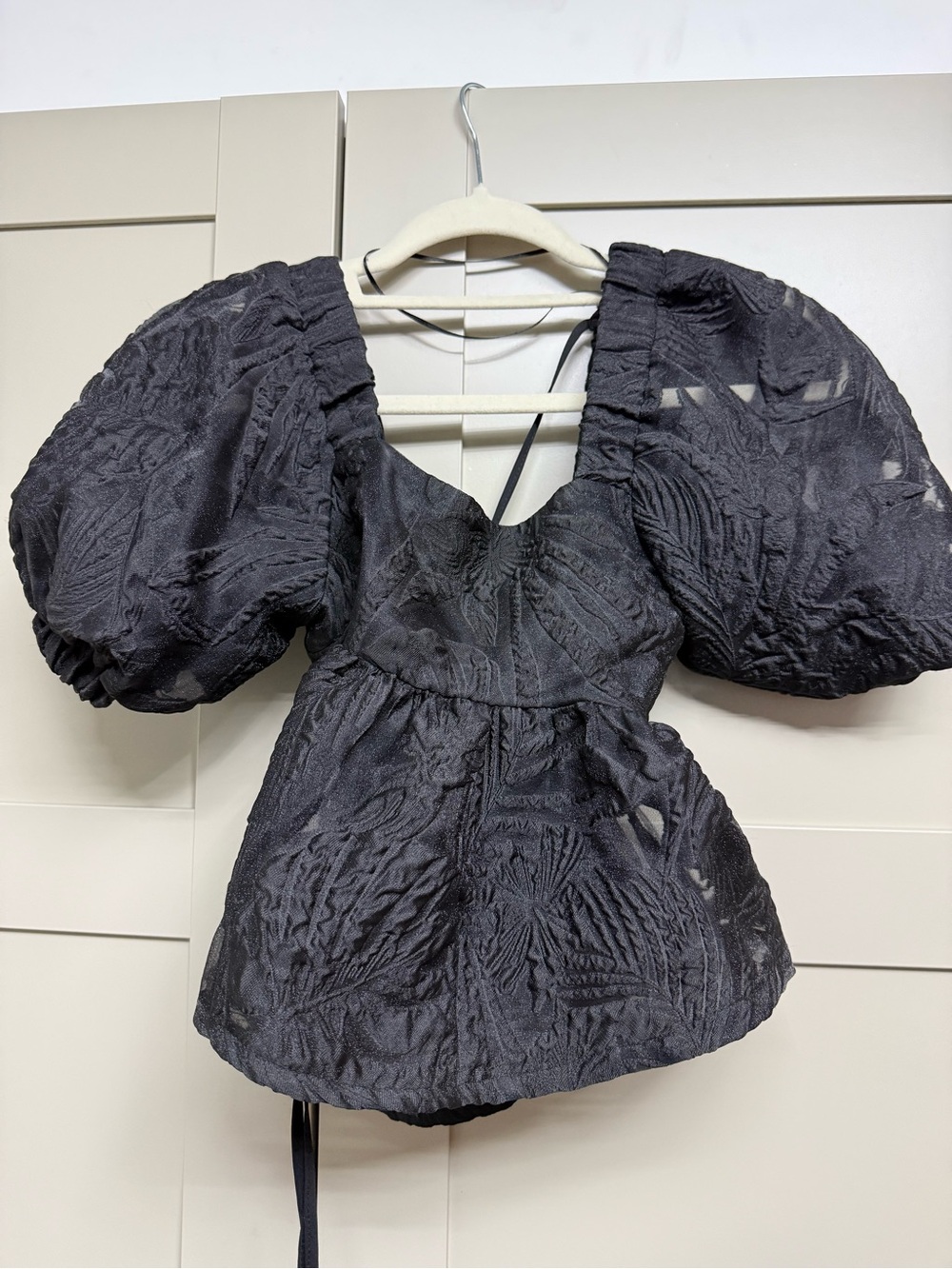 Topshop Black Puff-Sleeve Textured Blouse
